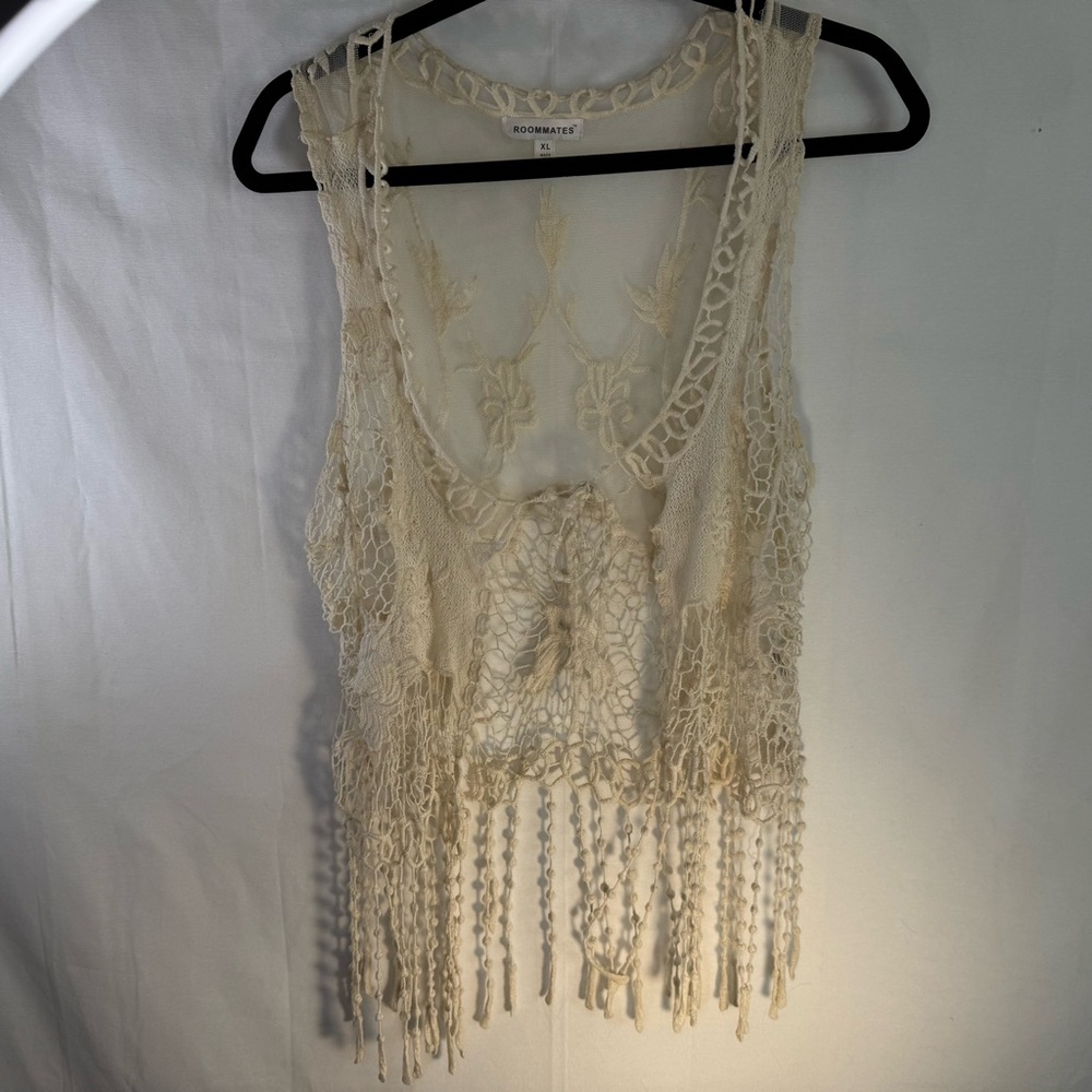 Roommates Crochet Fringed Sleeveless Ivory Cardigan Vest XL Boho‎ Hippie Cowgirl